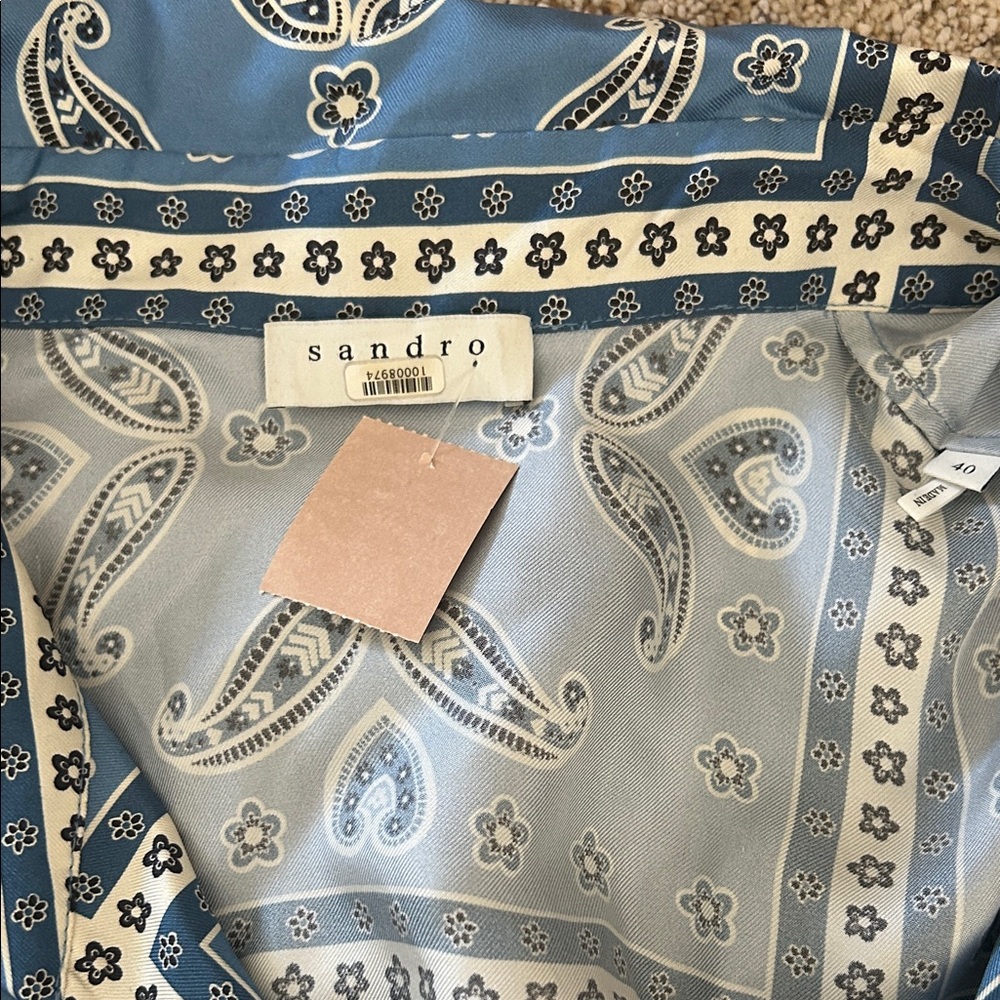 Sandro Blue Paisley Long Sleeve Collared Chloe Silk Mini Dress **Size 40/US 8** - Picture 9 of 12